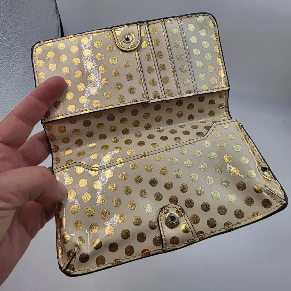 Anne Klein Cream Gold Polka Dot Patent Bow Trifold Wallet Lion Logo Hardware
